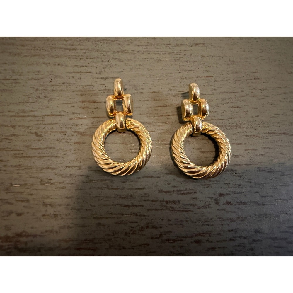 Vintage Gold Tone Door Knocker Earrings Textured Rope Hoop Drop Dangle Post Back